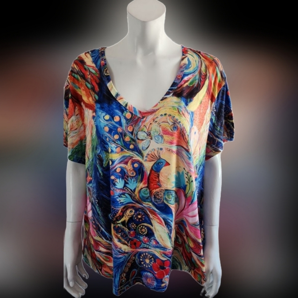 Short sleeves v-neck t-shirt, colorful peacock and abstract patterns, XXL
